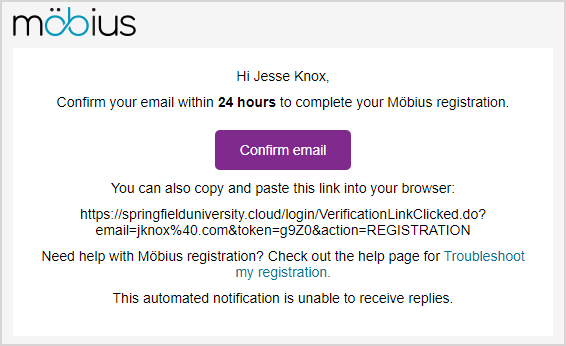 Möbius account creation verification email.